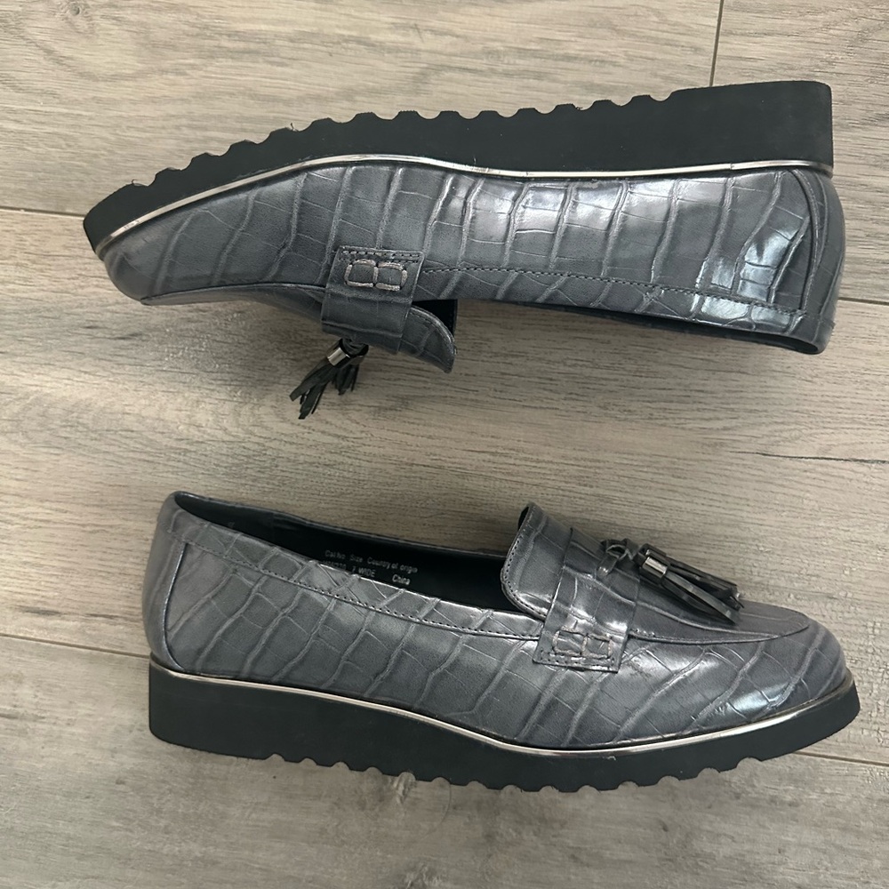 Simply Be Gray and Black Loafers with Crocodile Embossed Design